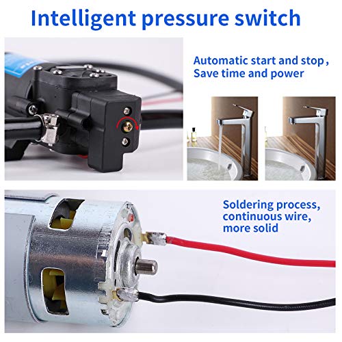 12V DC Fresh Water Pump with 2 Hose Clamps,Self Priming Sprayer Pump with Pressure Switch,12 Volt High Pressure Pump Diaphragms,4.5 L/Min 1.2 GPM 85 PSI Adjustable for Spray,Marine,Lawn