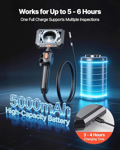 VEVOR Dual-Lens Articulating Borescope, Two-Way Articulated Endoscope Camera with Light, 5" HD IPS Spilt-Screen, 8X Zoom, 8 + 1 LEDs, IP67 Waterproof Snake Camera for Automotive Engine Wall Inspect - size: 0.32-inch Probe