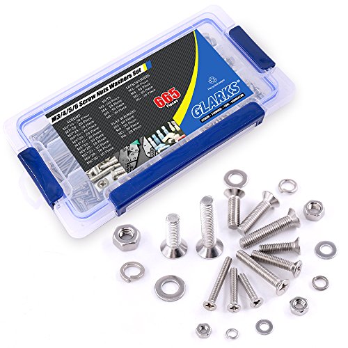 Glarks 665Pcs 304 Stainless Steel M3 M4 M5 M6 Phillips Flat Head Machine Screws Bolts Nuts and Flat Gasket Spring Washers Assortment Set, Full Thread - style: Flat head screws