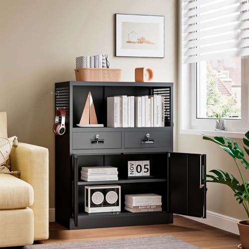 Storage Cabinet with Drawers, 41.3" Steel Lockable Storage Cabinets with Doors and Side Pegboard, Metal Cabinet for Garage, School, Home Office, Black - color: Black, size: 41.3"H