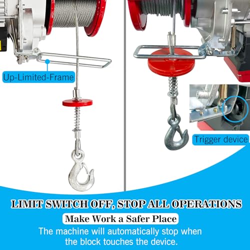 1760LBS Electric Hoist with Remote Control,Wireless/Wired Electric Hoist 110volt,65.6/33ft Lifting Height,Single/Double Slings Steel Lift Hoist Winch for Garage Warehouse Factory