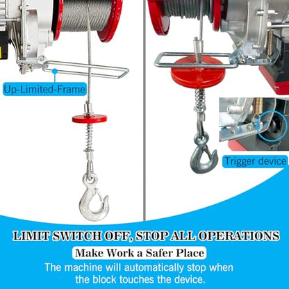 1760LBS Electric Hoist with Remote Control,Wireless/Wired Electric Hoist 110volt,65.6/33ft Lifting Height,Single/Double Slings Steel Lift Hoist Winch for Garage Warehouse Factory