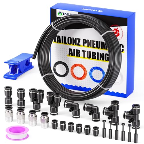 TAILONZ PNEUMATIC Black 3/8 Inch OD 16 Meter 50ft PU Polyurethane Air Tubing Kit Pipe Hose Air Line Tubing Air Hose Fittings Push to Connect Fittings(27PCS) - color: Black, size: 3/8" OD - 50 FT