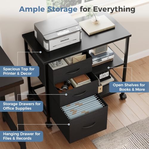 DUMOS 3 Drawer Mobile File Cabinet, Rolling Printer Stand with Storage - color: Rustic Black
