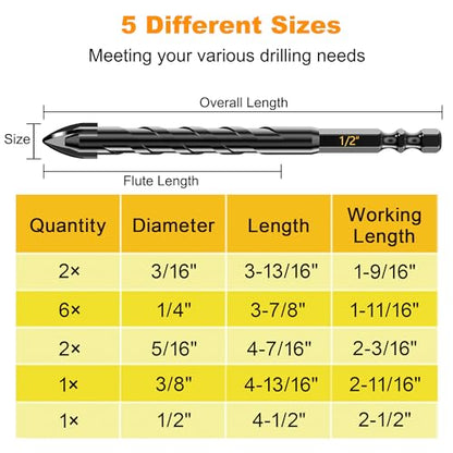 12Pcs Cross-Tip Masonry Drill Bit Set & Concrete Drill Bit Set, 3/16"-1/2" - size: 12 pcs 3/16"-1/2" Masonry Drill Bits