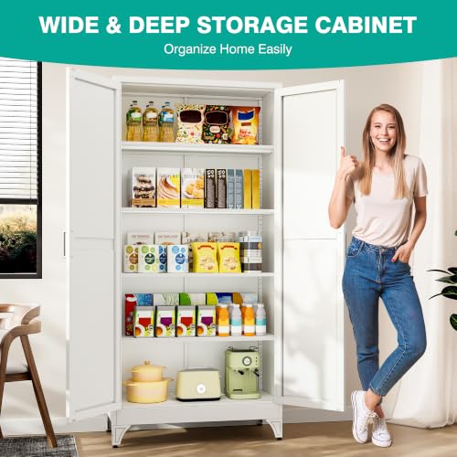 SISESOL 75" Tall Pantry Cabinet,Wide & Deep Farmhouse Kitchen Pantry Storage Cabinets with 2 Doors and 5 Shelves,White Metal Storage Cabinet,Large Cupboard for Home,Kitchen,Dining/Living Room - color: White, size: 75"H-B