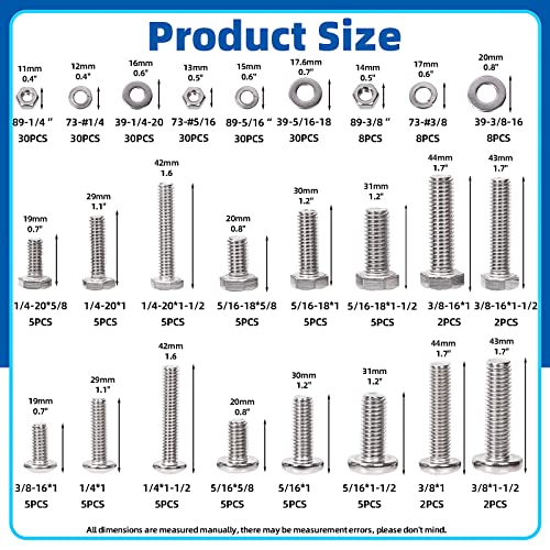 Glarks 272Pcs Phillips Pan Head Screws & Outer Hexagon Screws with Hex Nuts and Flat Washers Lock Washers Assortment Kit, 304 Stainless Steel Hardware Machine Screws Assortment Set with Storage Case - size: 1/4-20, 5/16-18, 1/4, 5/16, 3/8-16