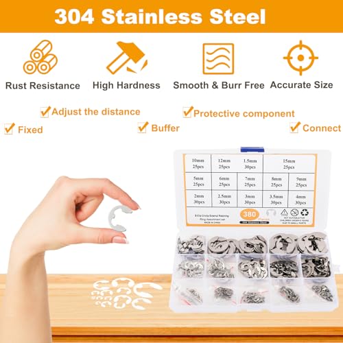Toolly 380Pcs 304 Stainless Steel E-Clip Circlip External Retaining Ring Assortment Set, 14 Sizes