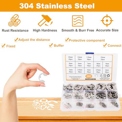 Toolly 380Pcs 304 Stainless Steel E-Clip Circlip External Retaining Ring Assortment Set, 14 Sizes