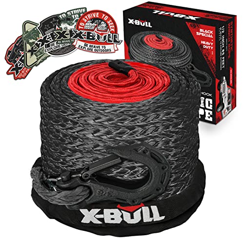 X-BULL Synthetic Winch Rope - Cable Kit -1/2" X 85ft 32000LBS Winch Line with Protective Sleeve Forged Winch Hook Safety Pull Strap go for 4WD Off Road Vehicle Truck SUV ATV UTV- Black - color: Black, size: 1/2" X 85ft