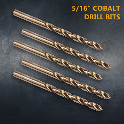 POWERTEC 5/16" Cobalt Drill Bits - 5 Pack - 4-1/2" Length - M35 HSS Jobber Length Twist Bits with 135° Tip for Drilling Wood, Metal, Stainless Steel, Nickel Alloy, Cast Iron & Plastic (QDB2019) - style: 5PK 5/16" Cobalt Drill Bit (4-1/2" L)