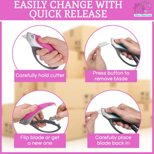 Pink Box Cutter Retractable Utility Knife - Two Pack Heavy Duty Cardboard Carton Cutter Opener Retracting - with 5 Sharp Utility Razors - color: Pink 2 Pack