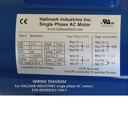 Hallmark Industries AC Motor, (1/3 HP, 1725RPM, 1 Phase, 115/230V) - size: 1/3 HP, 1725RPM, 1 phase, 115/230V