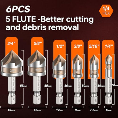 Matework 6Pcs Countersink Drill Bit Set, M2 Cobalt HSS 1/4" Hex Shank - size: M2 Cobalt