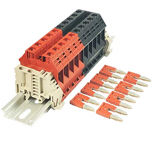 Dinkle Assembly Kit DK10N Red/Black 10 Gang with Jumpers DIN Rail Terminal Blocks, 6-20 AWG, 60 Amp, 600 Volt UL Recognized