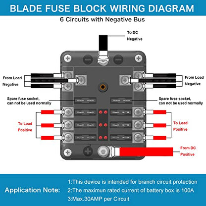 12 Volt Fuse Block, Waterproof 6 Way Fuse Box with 6 Ground Negative Busbar for Automotive[100 Amp Max] [ATC/ATO Fuses] [LED Indicator] [2 Spare Fuse Slots] for Car Boat Marine RV DC 12-24V - style: 6 Way Upgrade