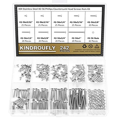 242 Pieces #2-56x 5/32", 3/16", 1/4", 5/16", 3/8", 1/2", 5/8", 3/4", 1", Phillips Countersunk Head Machine Screws Nuts Assortment Kit, 304 Stainless Steel, Fully Machine Thread - size: #2-56