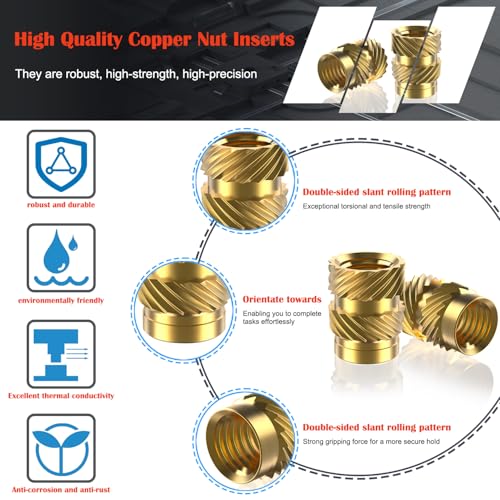 261Pcs M4 Heat Set Insert with Screws & Insert Tips Brass Threaded Inserts Female Knurled Nuts Assortment Kit for Plastic and 3D Printing Components