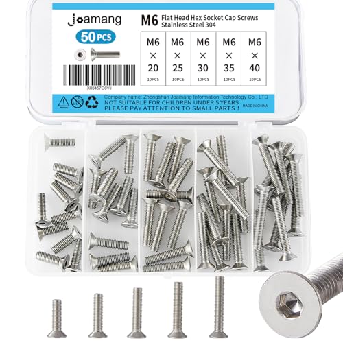 M6 x 20mm 25mm 30mm 35mm 40mm Flat Head Hex Socket Cap Screws Countersunk Bolts, Stainless Steel 304, Metric Allen rive, Bright Finish, Fully Threaded, Assortment Kit 50PCS - size: M6x20/25/30/35/40 mm