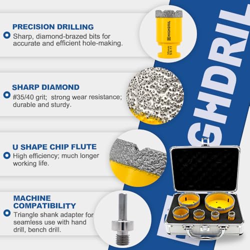 HIGHDRIL Diamond Drill Bits Kit with 5/8-11 for Porcelain Tile Ceramic - size: Thread Set1