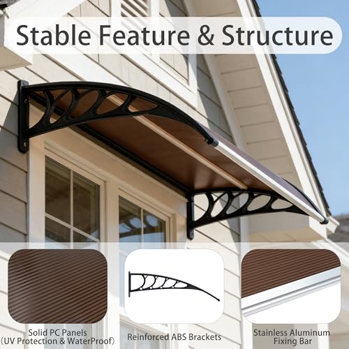58.5x35 Inch Patio Window Awning Shade, Polycarbonate Door Entrance Canopy Cover Protection for Sunshine & Rain, Tea with Black Edge - color: Black + Tea