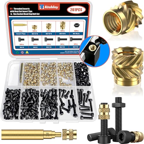 261Pcs M4 Heat Set Insert with Screws & Insert Tips Brass Threaded Inserts Female Knurled Nuts Assortment Kit for Plastic and 3D Printing Components