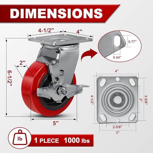 5"x 2" Heavy Duty Industrial Casters, Polyurethane on Polyolefin Core Wheel- Capacity up to 4000 Lbs (Set of 4), Use for Platform Truck, Industrial Equipment (2 Brake & 2 Rigid) - style: Size: 5 "