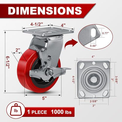 5"x 2" Heavy Duty Industrial Casters, Polyurethane on Polyolefin Core Wheel- Capacity up to 4000 Lbs (Set of 4), Use for Platform Truck, Industrial Equipment (2 Brake & 2 Rigid) - style: Size: 5 "