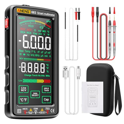 Smart Multimeter, Smart Digital multimeter Tester with Touch Screen 6000 Counts Auto Ranging Rechargeable multimeter A Reverse Display NCV Tester with Flashlight for Electricians,DIY (Black) - color: Black