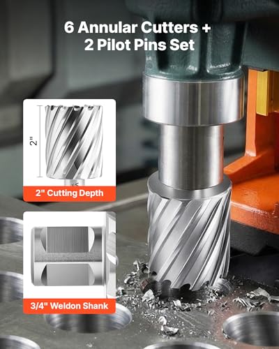 VEVOR Annular Cutter Set, 8 pcs Weldon Shank Mag Drill Bits Kit, 2" Cutting Depth, 7/8" to 2" Cutting Diameter, HSS, 6 Drill Bits with 2 Pilot Pins, Plastic Case, for Magnetic Drills, Steel, Aluminum - size: 7/8" - 2" * 2