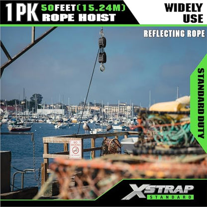 XSTRAP STANDARD 50FT Reflective Rope Hoist 1 Ton 5:1 Block & Tackle w/Loops - color: 50ft Reflective Upgraded