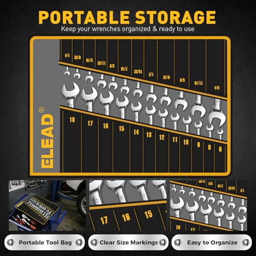 ELEAD 24-Piece Ratcheting Wrench Set, Metric 6-18mm & SAE 1/4"-3/4", 12-Point 72-Tooth CR-V Steel Combination Wrenches with Tool Roll Bag and Magnetic Wrench Organizer for Automotive Repair - color: 24-piece Ratchet Yellow&black