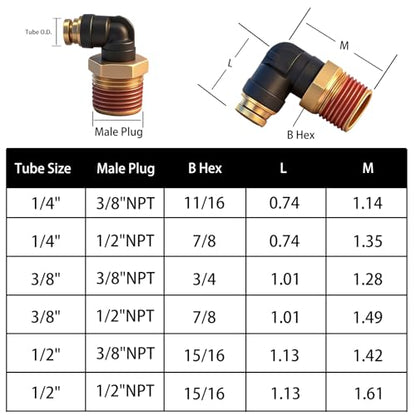 1/4" DOT Air Hose 90 Degree Elbow Fittings 2 Pack, Quick Connect Air Fittings, PTC & PTCR Composite Brass Connector, 1/4" Tube OD x 3/8" NPT Thread for Truck Air Brake & Suspension Systems - size: 1/4"OD x 3/8"NPT