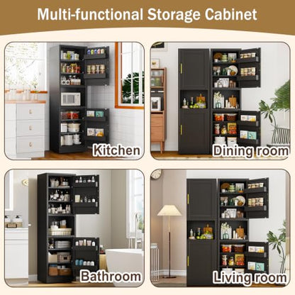 67" Freestanding Metal Pantry Cabinet, Tall Kitchen Food Storage Cupboard - color: Black, size: 15.75"D x 19.68"W x 67"H
