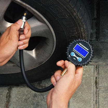 MEASUREMAN 2-1/2" Dial Size Digital Air Pressure Gauge with 1/4'' NPT Bottom Connector and Protective Boot, 0-250psi, Accuracy 1%, Battery Powered with LED Light - size: Long thread, style: 0-250psi