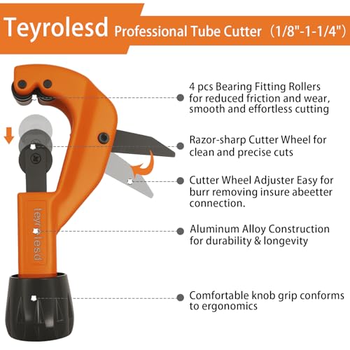 Pipe Cutter Tool 1/8" to 1-1/4" (3-32mm) Heavy Duty Metal Pipe Cutter With Deburring Tool - Orange Handheld Tube Cutter for Copper, Aluminum, Stainless Steel - Plumbing HVAC Automotive DIY