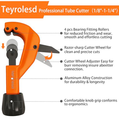 Pipe Cutter Tool 1/8" to 1-1/4" (3-32mm) Heavy Duty Metal Pipe Cutter With Deburring Tool - Orange Handheld Tube Cutter for Copper, Aluminum, Stainless Steel - Plumbing HVAC Automotive DIY