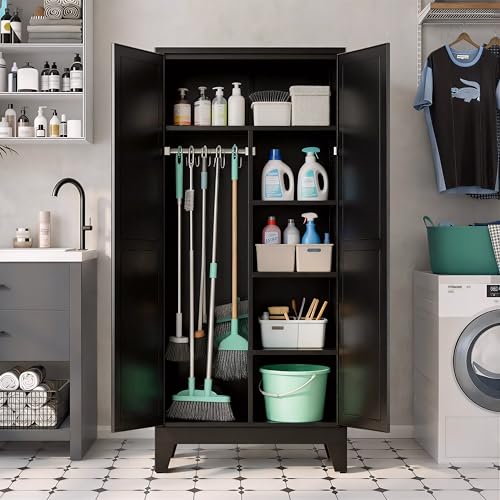 71" H Tall Pantry Cabinet with Doors,Kitchen Pantry Cabinet,Black Metal Storage Cabinets,Garage Storage Cabinet,Food Storage Cabinet with Doors - color: Black, size: 71”H-C