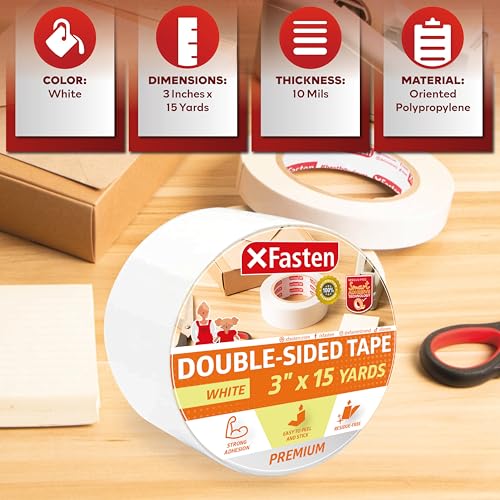XFasten Double Sided Tape, Removable, 3-Inch by 15-Yards, Single Roll, Residue-Free and Surface Safe Double-Sided Adhesive Tape - size: 3-Inches x 15-Yards