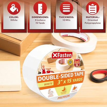 XFasten Double Sided Tape, Removable, 3-Inch by 15-Yards, Single Roll, Residue-Free and Surface Safe Double-Sided Adhesive Tape - size: 3-Inches x 15-Yards