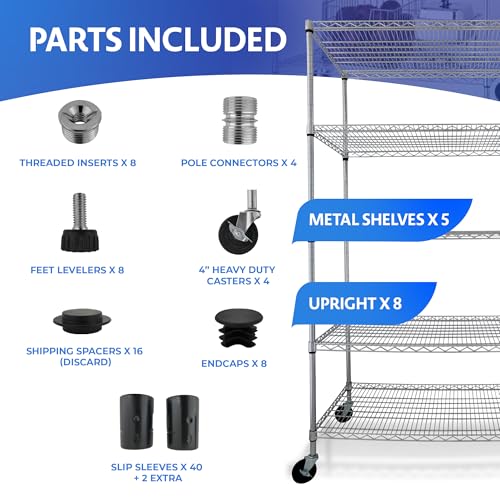 4000 LBS Heavy Duty Wire Rack, 48 x 24 x 76, 5-Tier NSF Commercial Rolling Rack with 4" Industrial Casters, Chrome Metal Wire Shelving for Garage, Kitchen, Adjustable Storage Shelf, Crescent