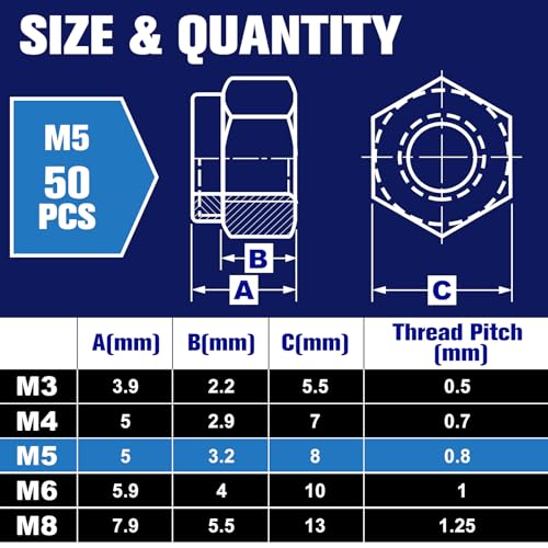 50Pcs M5 x 0.8mm Locknuts, Metric Self-Lock Nylon Inserted Hex Lock Nuts Black Zinc Plated 304 Stainless Steel Self Clinching Nut for Auto, Machine, Furniture, Tiny Nut with Storage Box - size: M5-Black