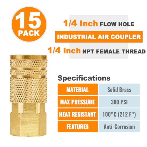 SUNGATOR 15-PCS Brass 1/4" Air Line Quick Connect Fittings, FNPT Coupler - size: 1/4'' Female, style: 15 Pack