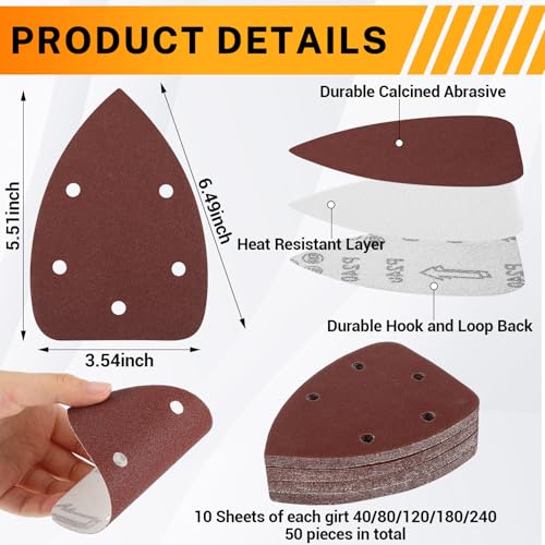 60 Pcs Detail Sanding Pad Include 10 Pcs Detail Foam Sanding Pad and 50 Pcs Assorted Mouse Detail Sander Sandpaper 40 80 120 180 240 Grits for Detail Sanding