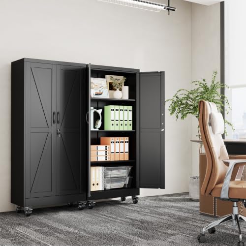 erosoe 61" H Metal Garage Storage Cabinet, Rolling Tool Cabinet with 2 Doors and Wheels, Locker Steel Cabinet with 3 Adjustable Shelves, Organization Cabinet for Garage,Office,Home,Gym,School-Black - color: Black, size: 61" CasLck-M