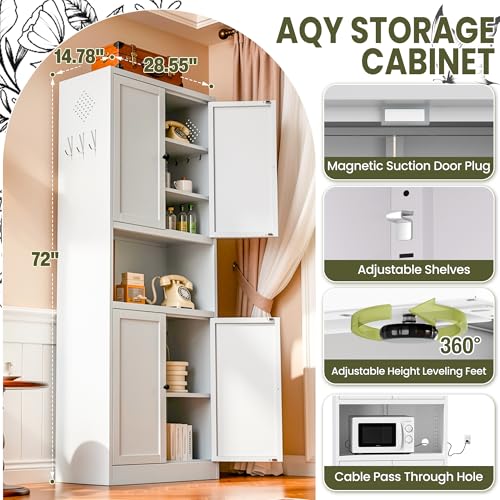AQY Metal Pantry Cabinet, 72" White Kitchen Storage Cabinet with Doors - color: White, style: H72" - 4 Doors Wire Hole Hooks & Vents