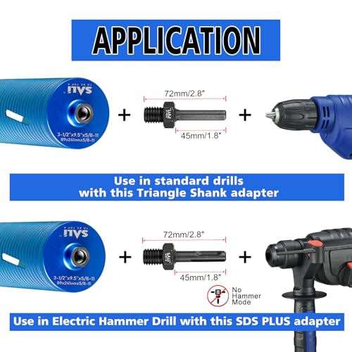 SALI Diamond Core Drill Bits 2 3/4" Diameter 10"/254mm Drilling Depth 5/8-11" Thread Core Bit Turbo Laser-Welded Segments for Cured Concrete with, Brick, Block, Masonry, with Two Adapters - size: 2 3/4 inch