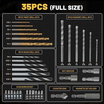 TOLESA 35pcs Drill Bit Set, Titanium Coated, HSS Twist Driver Bit Set