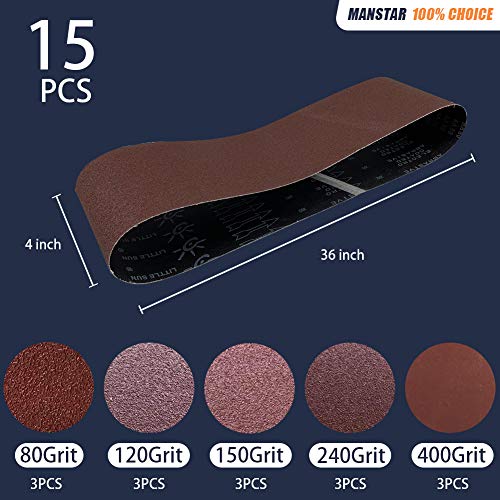 15 Pcs 4 x 36 Inch Assorted Aluminum Oxide Sanding Belt,80/120/150/240/400 Grit - size: 4x36(15pcs)