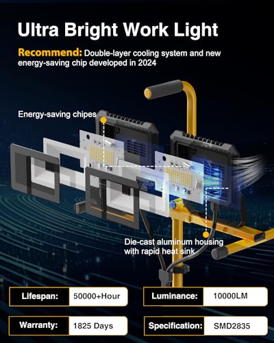 LED Work Light with Stand, 10000 Lumen Work Light with Adjustable and Foldable Tripod Stand, Waterproof with Individual Switch for Construction Job Site Workshop Garage, 2 Pack - size: 80W 2PACK